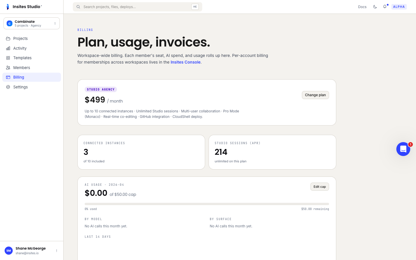 The Billing page showing the active plan, seats in use, and a month-to-date AI usage card with cap controls.