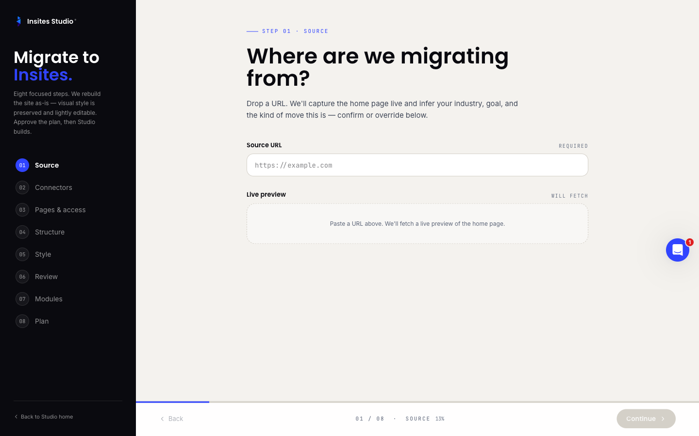 Step 1 of the Migrate on-ramp asking for a Source URL with a live preview placeholder underneath, and the nine-step rail on the left (Source, Connectors, Pages & access, Structure, Style, Review, Modules, Plan, Deploy).