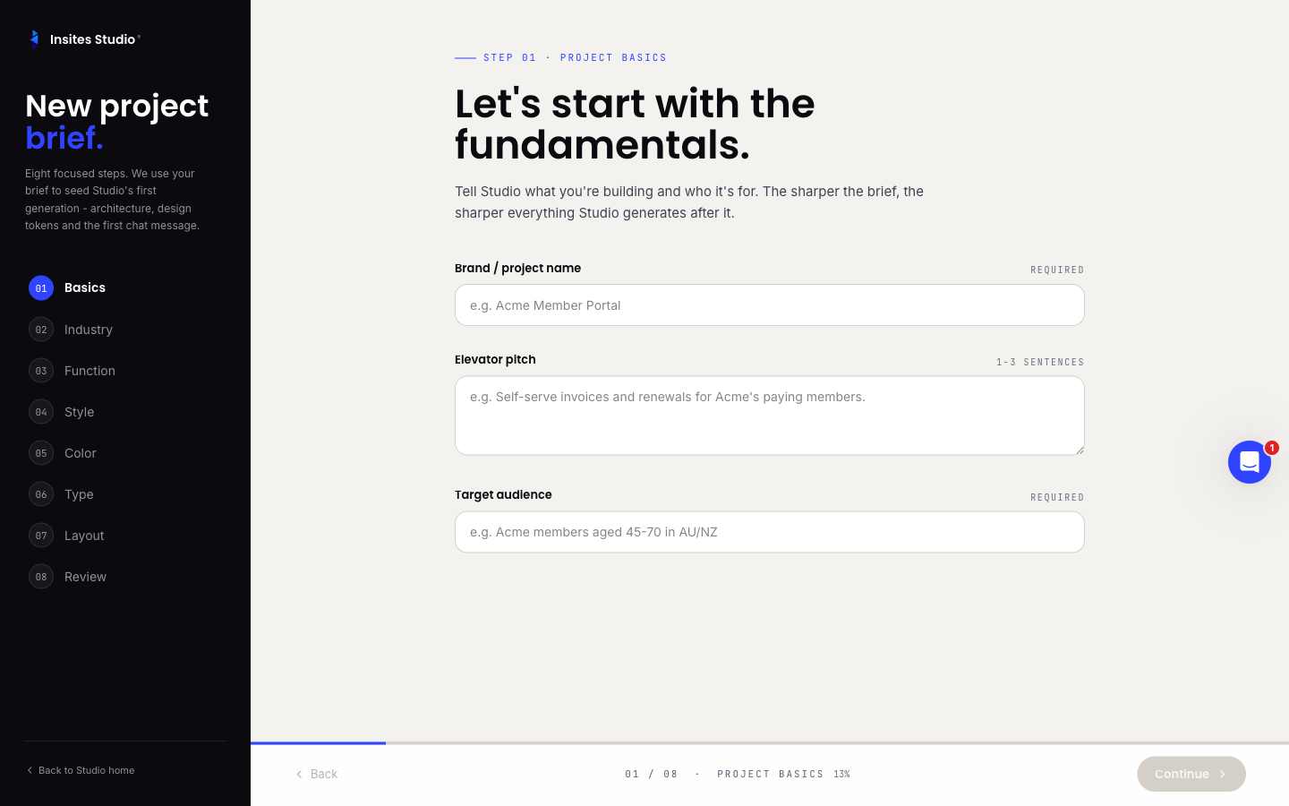 The Build with AI on-ramp on step 1, showing the project basics form: brand name, elevator pitch, and target audience fields with the nine-step rail on the left.